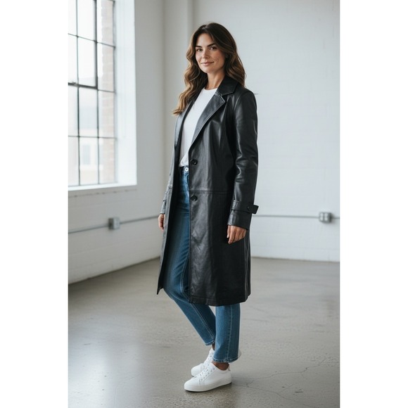Chadwicks Jackets & Blazers - Chadwicks Womens Black Leather Trench Coat Jacket Size 12 Mid Length Buttons